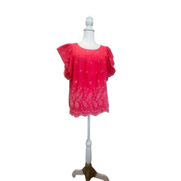 GAP BLOUSE PINK WHITE EMBROIDERED FLOWERS  RUFFLED SLEEVES WOMENS LARGE - Picture 2 of 7
